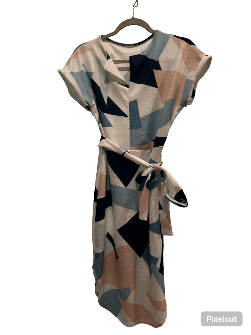 Geometric Print Tie-Waist Midi Dress in Beige and Blue